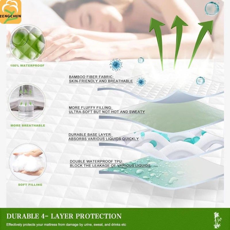 ZC24039 Natural Anti Bacterial Cooling Bamboo Microfiber Fabric Quilted Waterproof Mattress Pad